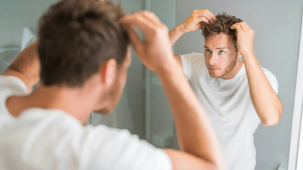 Man styling hair in front of mirror